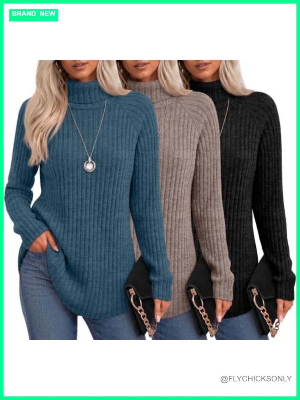 3 Pack Womens Ribbed Knit Turtleneck Sweaters Long Sleeve Tunic Tops